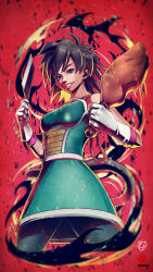 Rule 34 | 1girl, absurdres, black eyes, black hair, dragon ball, dragon ball super, dragon ball super broly, food, gine, gloves, highres, holding, holding knife, kanchiyo, knife, looking at viewer, meat, monkey tail, red background, signature, smile, solo, tail, white gloves