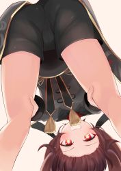 Rule 34 | 1girl, :d, absurdres, ass, bare legs, bent over, black shorts, blush, brown hair, day mello, dutch angle, feet out of frame, flower-shaped pupils, forehead, from behind, genshin impact, grin, hands on own knees, highres, hu tao (genshin impact), long hair, long sleeves, looking at viewer, looking back, looking through own legs, open mouth, parted lips, red eyes, short shorts, shorts, simple background, smile, solo, standing, symbol-shaped pupils, tassel, teeth, twintails, upside-down, view between legs, white background