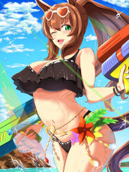 Rule 34 | 1girl, absurdres, animal ears, aqua eyes, bare shoulders, bikini, black bikini, blue background, blue sky, blush, bracelet, breasts, chain, cleavage, collarbone, commentary request, contrapposto, cowboy shot, ear ornament, frilled bikini, frills, highres, holding, holding water gun, horse ears, horse girl, horse tail, jewelry, large breasts, looking at viewer, maruzensky (blasting off summer night) (umamusume), maruzensky (umamusume), navel, necklace, ocean, official alternate costume, one eye closed, open mouth, outdoors, sakata55555, sky, smile, solo, swimsuit, tail, thigh strap, umamusume, underboob, water, water gun