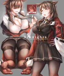 Rule 34 | 1girl, :d, animal ears, arknights, ass, black jacket, black neckwear, black pantyhose, black skirt, blazer, blush, breasts, breath, brown eyes, brown hair, cat ears, cleavage, copyright name, covered erect nipples, cropped torso, feet, grey background, hair over one eye, hand on own hip, highres, jacket, kasari, large breasts, long hair, long sleeves, looking at viewer, miniskirt, multiple views, necktie, necktie grab, neckwear grab, no shoes, open mouth, pantyhose, pleated skirt, red jacket, shirt, simple background, skirt, skyfire (arknights), smile, striped clothes, striped neckwear, thighband pantyhose, thighs, tongue, tongue out, upper body, vertical-striped clothes, vertical-striped necktie, vertical stripes, white shirt