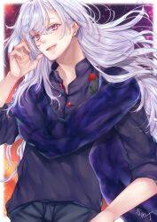 Rule 34 | 1boy, black shirt, blurry, blurry background, collared shirt, fate/grand order, fate (series), floral print, hair between eyes, long hair, looking at viewer, male focus, merlin (camelot &amp; co) (fate), merlin (fate), official alternate costume, ototuki ena, outdoors, purple eyes, purple scarf, scarf, shirt, signature, sleeves rolled up, smile, solo, very long hair, white hair