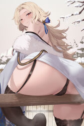 Rule 34 | 1girl, absurdres, ass, ass focus, bare shoulders, blonde hair, blush, breasts, come hither, from behind, from below, garter straps, goddess of victory: nikke, hair ribbon, highres, huge ass, large breasts, long hair, looking at viewer, looking back, looking down, low ponytail, ludmilla (nikke), ludmilla (winter owner) (nikke), panties, partially visible vulva, ponytail, pumi puru, red eyes, ribbon, sideboob, smile, solo, steam, thick thighs, thighhighs, thighs, underwear, very long hair
