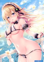 Rule 34 | 1girl, :o, absurdres, bare shoulders, bikini, black bikini, black sleeves, blonde hair, blue sky, blush, bow, bow bikini, breasts, cleavage, cloud, cloudy sky, day, detached sleeves, dutch angle, fingernails, flower, frilled bikini, frills, frown, groin, hair between eyes, highres, horizon, large breasts, long hair, looking at viewer, melonbooks, mitsuba choco, navel, ocean, outdoors, parted lips, puffy short sleeves, puffy sleeves, purple eyes, railing, ribbon-trimmed bikini, ribbon-trimmed sleeves, ribbon trim, scan, short sleeves, side-tie bikini bottom, sky, solo, stomach, swimsuit, untied bikini, very long hair, water, white flower, wrist cuffs
