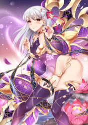 Rule 34 | 1girl, armor, bikini armor, blush, breasts, closed mouth, collarbone, covered navel, detached sleeves, dress, earrings, fate/grand order, fate (series), flower, hair ribbon, halterneck, jewelry, kama (fate), kama (second ascension) (fate), kinhasu, long hair, looking at viewer, lotus, medium breasts, pink ribbon, purple dress, purple legwear, purple sleeves, red eyes, ribbon, ring, silver hair, smile, solo, thigh strap, thighlet, thighs, vajra (object)