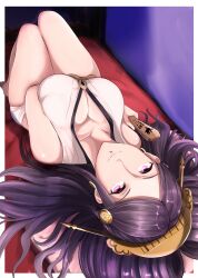 Rule 34 | 1girl, absurdres, bare legs, breasts, comb, double bun, fire emblem, fire emblem fates, hair bun, highres, large breasts, light smile, long hair, looking at viewer, lying, nenemu0, nintendo, on back, orochi (fire emblem), purple eyes, purple hair, solo