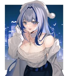 Rule 34 | 1girl, :d, bare shoulders, blue hair, breasts, city, cleavage, commentary request, girls&#039; frontline neural cloud, gloves, grey choker, grey hair, grey sweater, hubble (neural cloud), jewelry, komuer, large breasts, long hair, long sleeves, looking at viewer, multicolored hair, necklace, off-shoulder sweater, off shoulder, open mouth, pom pom (clothes), purple eyes, ribbed sweater, smile, solo, streaked hair, sweater, upper body, white gloves, white headwear