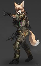 Rule 34 | 1girl, absurdres, ahoge, animal ears, artist name, assault rifle, blonde hair, bulletproof vest, camouflage, camouflage jacket, camouflage pants, commission, fang, full body, furry, furry female, gloves, glowstick, green eyes, grey background, gun, h&amp;k g36, hair over one eye, highres, holding, holding gun, holding weapon, jacket, magazine (weapon), medium hair, military, military uniform, open mouth, original, pants, pgm300, pouch, rifle, shoes, simple background, solo, standing, tail, thigh pouch, tongue, uniform, watermark, weapon