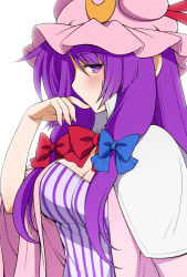 Rule 34 | 1girl, blush, bow, breasts, capelet, cleavage, coat, crescent, dress, eichi yuu, female focus, finger to mouth, hair ribbon, half-closed eyes, hat, large breasts, long hair, looking at viewer, open clothes, open coat, patchouli knowledge, purple dress, purple eyes, purple hair, ribbon, solo, striped clothes, striped dress, touhou, tress ribbon, wide sleeves