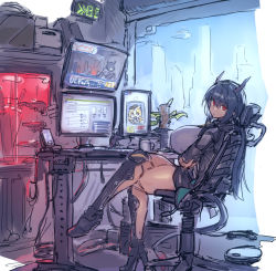 Rule 34 | 1girl, arknights, armored boots, blue hair, boots, ch&#039;en (arknights), chair, city, cityscape, crossed legs, desk, dragon girl, dragon horns, dragon tail, high heels, horns, long hair, looking at viewer, melon22, monitor, neon lights, office chair, red eyes, sitting, swire (arknights), swivel chair, tail, thighs, window