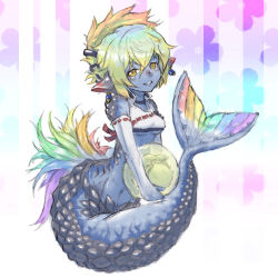 Rule 34 | blue skin, colored skin, earrings, elbow gloves, gloves, jewelry, monster girl, mother and child, multicolored hair, scales, solo, sonjow4, tail, yellow eyes