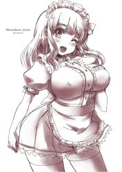 Rule 34 | 1girl, apron, breasts, hands on own chest, huge breasts, long hair, maid, maid apron, maid headdress, one eye closed, open mouth, shinshin, smile, thighhighs, uniform