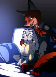 Rule 34 | 1boy, 1girl, black jacket, black pants, buttons, claws, couch, covering own mouth, disney, full body, fumitan (humitan), furry, green eyes, height difference, jacket, judy hopps, knees up, light, long sleeves, looking down, nick wilde, nightgown, on couch, open mouth, pants, poking, purple eyes, scared, sharp teeth, teeth, wide-eyed, zootopia