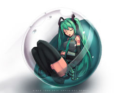 Rule 34 | 1girl, closed eyes, detached sleeves, gashapon, green hair, hatsune miku, long hair, necktie, newey, open mouth, skirt, solo, thighhighs, twintails, very long hair, vocaloid