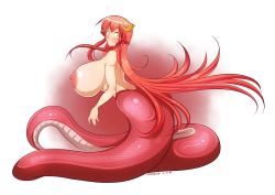 Rule 34 | 10s, 1girl, breasts, full body, gigantic breasts, hair ornament, hairclip, highres, lamia, long hair, looking at viewer, marrazan, miia (monster musume), monster girl, monster musume no iru nichijou, nipples, nude, pointy ears, red hair, scales, solo, tail, yellow eyes