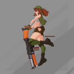 Rule 34 | 1girl, abs, assault rifle, boots, brown eyes, brown hair, commentary, fio germi, from side, glasses, grenade launcher, gun, hat, huge weapon, jacket, knee pads, metal slug, open clothes, open jacket, ponytail, rifle, sanchezisfine, shorts, simple background, smile, snk, solo, twitter username, underbarrel grenade launcher, weapon