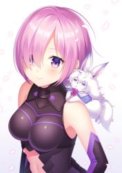 Rule 34 | 1girl, :o, armor, armored dress, black dress, black gloves, blush, breasts, commentary request, dress, elbow gloves, fate/grand order, fate (series), fou (fate), gloves, gradient background, grey background, hair over one eye, large breasts, looking at viewer, mash kyrielight, navel, parted lips, petals, pink hair, purple eyes, short hair, sidelocks, sleeveless, sleeveless dress, smile, upper body, white background, yamayu