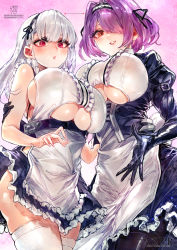 Rule 34 | 2girls, apron, azur lane, bare shoulders, black gloves, black hairband, black legwear, blush, breasts, brown eyes, clothing cutout, commentary request, dido (azur lane), frilled apron, frills, gloucester (azur lane), gloves, hair over one eye, hairband, highres, large breasts, long hair, long sleeves, looking at viewer, maid, multiple girls, open mouth, pantyhose, parted lips, pink eyes, puffy sleeves, purple hair, short hair, signature, signo aaa, sleeveless, smile, thighband pantyhose, thighhighs, thighs, underboob, underboob cutout, waist apron, white apron, white hair, white legwear
