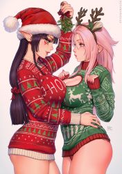 Rule 34 | 2019, 2girls, animal ears, antlers, artist name, black hair, black nails, breasts, chloe (sciamano240), christmas, christmas sweater, cleavage, cleavage cutout, clothing cutout, commentary, facial tattoo, fake animal ears, female focus, fingernails, green sweater, grey background, hat, highres, holding, holding mistletoe, horns, large breasts, long fingernails, mistletoe, multiple girls, nail polish, original, panties, pink hair, pointy ears, red headwear, red panties, red sweater, reindeer antlers, revealing clothes, santa hat, sciamano240, signature, simple background, sweater, tattoo, underwear, valerie (sciamano240), yuri