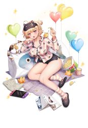 Rule 34 | 1girl, absurdres, ahoge, blonde hair, blush, breasts, food, full body, heart, highres, holding, large breasts, looking at viewer, nail polish, nintendo switch, noixen, one side up, open mouth, original, pajamas, purple eyes, short shorts, shorts, simple background, sitting, slippers, socks, solo, sparkle, star (symbol), striped, thighs, white background, yokozuwari