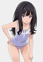 Rule 34 | 1girl, absurdres, black hair, blush, breasts, camisole, hand on knee, hand on own hip, hand on own knee, highres, inoue takina, leaning forward, legs, looking at viewer, lycoris recoil, open mouth, panties, purple eyes, small breasts, thighs, underwear