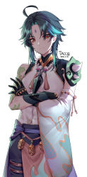 Rule 34 | 1boy, ahoge, arm guards, arm tattoo, bare shoulders, bead necklace, beads, black gloves, black hair, closed mouth, crossed arms, detached sleeves, eyes visible through hair, facial mark, forehead mark, genshin impact, gloves, green gloves, green hair, highres, jewelry, long hair, looking at viewer, male focus, multicolored hair, necklace, paid reward available, parted bangs, shoulder pads, shoulder spikes, simple background, sleeveless, slit pupils, solo, spikes, tacco (tikeworld), tassel, tattoo, white background, xiao (genshin impact), yellow eyes