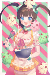 Rule 34 | 1girl, :d, :o, ahoge, alcremie, alcremie (matcha cream), alcremie (ruby cream), alcremie (strawberry sweet), alcremie (vanilla cream), apron, artist name, bell, blue eyes, blush, bow, bowl, bowtie, bracelet, breasts, brown hair, buttons, choker, cleavage, closed mouth, creatures (company), crossover, dress, fang, food, food-themed hair ornament, frilled apron, frills, fruit, game freak, gen 8 pokemon, gogat8, green bracelet, green choker, hair ornament, holding, holding bowl, holding whisk, jewelry, jingle bell, large breasts, looking at viewer, minori (senran kagura), neck bell, nintendo, on head, on shoulder, open mouth, orange thighhighs, pink background, pokemon, pokemon (creature), pokemon on head, pokemon on shoulder, pokemon swsh, puffy short sleeves, puffy sleeves, red bow, red bowtie, red eyes, ribbon-trimmed dress, ribbon-trimmed sleeves, ribbon trim, ring hair ornament, senran kagura, senran kagura shinovi versus, short sleeves, smile, strawberry, strawberry hair ornament, striped background, thighhighs, twintails, twitter username, two-tone background, waist bow, whisk