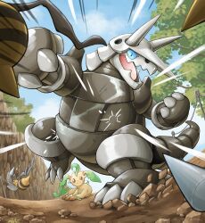 Rule 34 | absurdres, aggron, artist name, beedrill, blue eyes, blue sclera, blue sky, brown eyes, claws, cloud, colored sclera, commentary request, creatures (company), dated, day, dirt, ears down, emphasis lines, fence, game freak, gen 1 pokemon, gen 3 pokemon, gen 4 pokemon, highres, horns, katkichi, leafeon, looking at viewer, nintendo, no humans, open mouth, outdoors, pokemon, pokemon (creature), protecting, punching, scratches, sky, tongue, tree