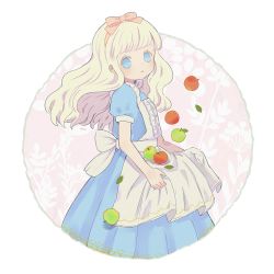 Rule 34 | 1girl, alice (alice in wonderland), alice in wonderland, apple, apron, ayu (mog), blonde hair, blue dress, blue eyes, blush, bow, bright pupils, dress, food, from side, fruit, green apple, hair bow, hairband, leaf, looking at viewer, looking to the side, parted lips, pink bow, pink hairband, puffy short sleeves, puffy sleeves, red apple, short sleeves, solo, standing, white apron