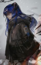 Rule 34 | 1girl, arknights, black coat, black shorts, blue eyes, blue hair, blurry, blurry background, breath, brown pantyhose, closed mouth, coat, cowboy shot, depth of field, from side, fur-trimmed coat, fur trim, halo, hand in pocket, highres, horns, hossi, light particles, long hair, long sleeves, mostima (arknights), pantyhose, profile, short shorts, shorts, snowing, solo, unzipped