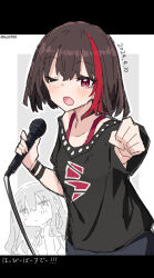 Rule 34 | bang dream!, black shirt, blush, bracelet, character request, commentary, dated, happy birthday, highres, holding, holding microphone, jewelry, kai3700, letterboxed, long hair, looking at viewer, microphone, mitake ran, multicolored hair, one eye closed, open mouth, red eyes, red hair, shirt, short hair, short sleeves, sidelocks, streaked hair, translated, twitter username