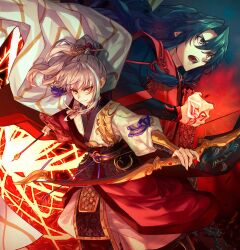 Rule 34 | 2boys, archer (fate/samurai remnant), arm guards, arrow (projectile), blonde hair, bow (weapon), chinese clothes, chinese hairpin, command spell, fate/samurai remnant, fate (series), green hair, hair ornament, hanfu, high ponytail, highres, holding, holding arrow, holding bow (weapon), holding weapon, kuroaki, low-tied sidelocks, multicolored hair, multiple boys, parted bangs, streaked hair, tassel, tassel hair ornament, weapon, xiao guan (headdress), yellow eyes, zheng chenggong (fate)