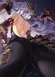 Rule 34 | 10s, 1girl, ass, backless outfit, bare back, bodysuit, brown eyes, closed mouth, floating hair, from behind, from below, gauntlets, granblue fantasy, grey hair, headpiece, light purple hair, light smile, long hair, looking at viewer, looking back, medusa (shingeki no bahamut), parsley-f, profile, shingeki no bahamut, smile, snake, solo, thighs, tight clothes, trefoil, very long hair
