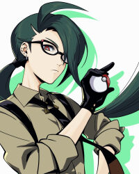 Rule 34 | 1girl, ahoge, black-framed eyewear, black necktie, bright pupils, closed mouth, collared shirt, commentary request, creatures (company), earrings, gam17m, game freak, glasses, green hair, hand up, highres, holding, holding poke ball, jewelry, long hair, looking down, necktie, nintendo, poke ball, poke ball (basic), pokemon, pokemon sv, ponytail, red eyes, rika (pokemon), shirt, sleeves rolled up, solo, stud earrings, suspenders, upper body, white pupils
