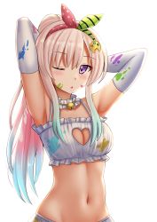 Rule 34 | 1girl, ;o, airani iofifteen, arms behind head, arms up, bare shoulders, bell, blue hair, bra, breasts, cleavage, cleavage cutout, clothing cutout, elbow gloves, frilled bra, frills, gloves, gradient hair, hair between eyes, hair ornament, hair ribbon, heart cutout, highres, hololive, hololive indonesia, jingle bell, kazenokaze, light brown hair, looking at viewer, medium breasts, multicolored hair, navel, one eye closed, paint splatter, pink hair, purple eyes, ribbon, sidelocks, simple background, solo, underwear, upper body, virtual youtuber, white background, white bra, white gloves