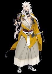 Rule 34 | 10s, 1boy, animal ears, armor, bare pectorals, bishounen, fox ears, full body, gloves, gold trim, hakama, hakama skirt, highres, ipev, japanese armor, japanese clothes, katana, kogitsunemaru, long hair, looking at viewer, low-tied long hair, male focus, official art, open mouth, partially fingerless gloves, pectorals, red eyes, sandals, sheath, sheathed, shoulder armor, skirt, sode, solo, standing, sword, tabi, thick eyebrows, touken ranbu, transparent background, very long hair, weapon
