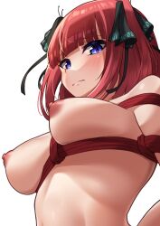 Rule 34 | 1girl, absurdres, black ribbon, blue eyes, blunt bangs, bob cut, bound, breasts, butterfly hair ornament, closed mouth, commentary, completely nude, fleur racine, go-toubun no hanayome, hair ornament, hair ribbon, highres, large breasts, looking at viewer, looking down, looking to the side, nakano nino, nipples, nude, pink hair, restrained, ribbon, shibari, short hair, sidelocks, solo, tears, upper body, white background