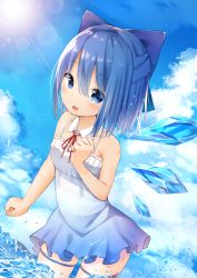 Rule 34 | blue eyes, blue hair, blue ribbon, bow, cirno, clenched hands, cloud, cowboy shot, detached collar, dress, gradient dress, hair bow, half updo, hand up, highres, ice, ice wings, leg ribbon, looking at viewer, mamemochi, neck ribbon, ocean, outdoors, ribbon, short dress, short hair, sky, sleeveless, sleeveless dress, solo, sun, swimsuit, thigh ribbon, touhou, wings
