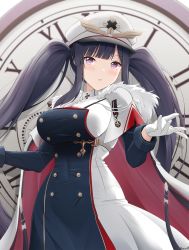 Rule 34 | 1girl, azur lane, black dress, black hair, blush, breasts, cape, clock, dress, hat, highres, keenh, large breasts, long hair, looking at viewer, military hat, mole, mole under eye, peaked cap, peter strasser (azur lane), purple eyes, red cape, solo, twintails, two-tone cape, very long hair, white cape, white dress, white hat