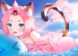 Rule 34 | 1girl, :3, :d, absurdres, alternate costume, animal ears, ass, bangs pinned back, benzi li, blue sky, cat ears, cat girl, cat tail, cloud, cloudy sky, commentary request, diona (genshin impact), dress, genshin impact, green eyes, hair ribbon, highres, in water, long sleeves, looking at viewer, open mouth, pink dress, pink hair, ribbon, short hair, sidelocks, sky, slime (genshin impact), smile, sunlight, tail, tail ornament, tail ribbon, thick eyebrows
