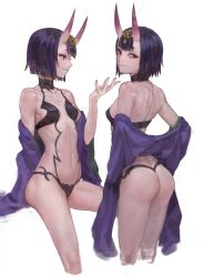 Rule 34 | 1girl, arm behind back, arm up, ass, bad id, bad twitter id, black choker, breasts, choker, circlet, closed mouth, commentary, eyeliner, fate/grand order, fate (series), from behind, hair ornament, hand up, highres, horns, looking at viewer, makeup, multiple views, navel, off shoulder, parted lips, profile, purple eyes, purple hair, revealing clothes, short hair, shuten douji (fate), shuten douji (first ascension) (fate), simple background, sitting, skin-covered horns, small breasts, smile, soonbu, standing, white background