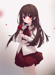 Rule 34 | 1girl, brown hair, closed mouth, collared shirt, commentary, flower, grey background, highres, holding, holding flower, ib (ib), ib (kouri), long hair, long sleeves, looking at viewer, petals, pleated skirt, red eyes, red flower, red neckwear, red rose, red skirt, rose, shirt, skirt, smile, solo, suzumori uina, very long hair, white shirt