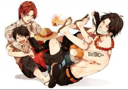 Rule 34 | 3boys, black hair, brothers, eilinna, fire, freckles, hat, jewelry, lowres, male focus, monkey d. luffy, multiple boys, necklace, one piece, portgas d. ace, red hair, sandals, scar, shanks (one piece), topless male, siblings, smile, straw hat, tattoo