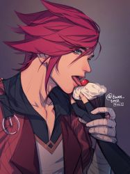 Rule 34 | 2girls, arcane: league of legends, arcane caitlyn, arcane vi, blue eyes, caitlyn (league of legends), cherry, cupcake, fingerless gloves, food, fruit, gloves, hand wraps, highres, holding another&#039;s wrist, jacket, league of legends, multiple girls, out of frame, red hair, sexually suggestive, short hair, solo focus, thuy t., tongue, tongue out, twitter username, vi (league of legends), yonic symbol, yuri