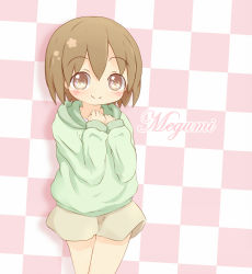 Rule 34 | 1girl, 22m, blush, brown eyes, brown hair, character name, character request, copyright request, dress, english text, female focus, green jumper, hands up, heart, heart-shaped pupils, long sleeves, looking at viewer, matching hair/eyes, own hands together, pinafore dress, pink background, shirt, short hair, short shorts, shorts, simple background, sleeveless dress, smile, solo, standing, symbol-shaped pupils, text focus, two-tone background, white shirt, yellow shorts
