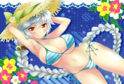 Rule 34 | 10s, 1girl, alternate costume, armpits, bare arms, bare shoulders, bikini, blue background, blush, braid, breasts, brown eyes, cleavage, floral background, hair between eyes, hair ornament, hands on headwear, hat, ichiyou moka, kantai collection, large breasts, long hair, looking at viewer, midriff, navel, polka dot, polka dot background, pouty lips, side-tie bikini bottom, sideboob, silver hair, single braid, solo, straw hat, swimsuit, underboob, unryuu (kancolle), very long hair, yellow eyes