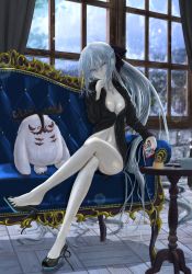 Rule 34 | 1girl, absurdly long hair, artist request, barefoot, black footwear, blue eyes, blue hair, breasts, cernunnos (fate), couch, crossed legs, curtains, dangling, extreme dangling, fate (series), feet, food, hair ornament, heel pop, highres, jewelry, legs, long hair, looking at viewer, morgan le fay (fate), nail polish, necklace, non-web source, phone, pudding, rain, shoe dangle, sitting, spread toes, strappy heels, table, toenail polish, toenails, toes, unbuttoned, unbuttoned shirt, very long hair, window