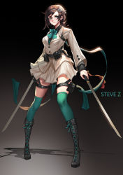 Rule 34 | 1girl, 7th dragon (series), 7th dragon iii, absurdres, aqua thighhighs, artist name, bell, belt, belt pouch, black footwear, black shirt, boots, bow, bowtie, brown hair, buttons, closed mouth, collared shirt, cross-laced footwear, dress shirt, dual wielding, fingernails, flower, full body, gradient background, green bow, green bowtie, green eyes, green nails, green ribbon, green thighhighs, hair flower, hair ornament, hairband, high heels, highres, holding, holding sword, holding weapon, holster, jacket, jingle bell, katana, knee boots, lace-up boots, legs apart, lips, long sleeves, looking to the side, nail polish, nose, pink lips, pleated skirt, pouch, ribbon, rose, samurai (7th dragon), samurai (7th dragon iii), school uniform, shadow, sheath, shirt, short hair, skirt, skirt set, smile, solo, standing, steve zheng, sword, thigh holster, thigh strap, thighhighs, unsheathed, weapon, white flower, white rose