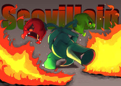 Rule 34 | absurdres, breath weapon, breathing fire, character name, colored skin, creatures (company), fangs, fire, game freak, green pepper, green skin, highres, mujw4524, multiple heads, nintendo, no humans, pokemon, pokemon (creature), red pepper, scovillain, tail