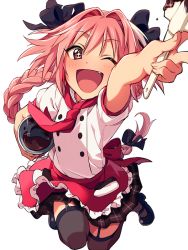 Rule 34 | 1boy, ;d, apron, arm up, asada hachi, astolfo (fate), black bow, black legwear, blush, bow, braid, chef, chocolate, fang, fate/apocrypha, fate/grand order, fate (series), frilled apron, frills, garter straps, hair intakes, long braid, long hair, looking at viewer, male focus, miniskirt, multicolored hair, one eye closed, open mouth, pink hair, pleated skirt, purple eyes, red apron, red neckwear, simple background, single braid, skirt, smile, streaked hair, thighhighs, trap, very long hair, waist apron, white background