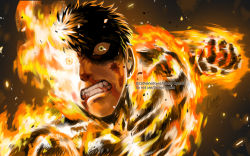 Rule 34 | 1boy, agni (fire punch), black hair, blood, blood from mouth, blood on face, burn scar, burning, cathiane, clenched hand, clenched teeth, clip studio paint (medium), fire punch, flaming eye, green eyes, imminent punch, looking at viewer, orange theme, punching, scar, short hair, solo, teeth, twitter username